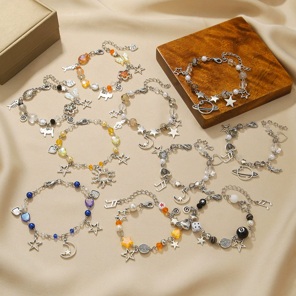Punk Hollow Fivepointed Star Star Moon Sun Cat Alloy Iron Glass Handmade Geometric Bracelet Unisex