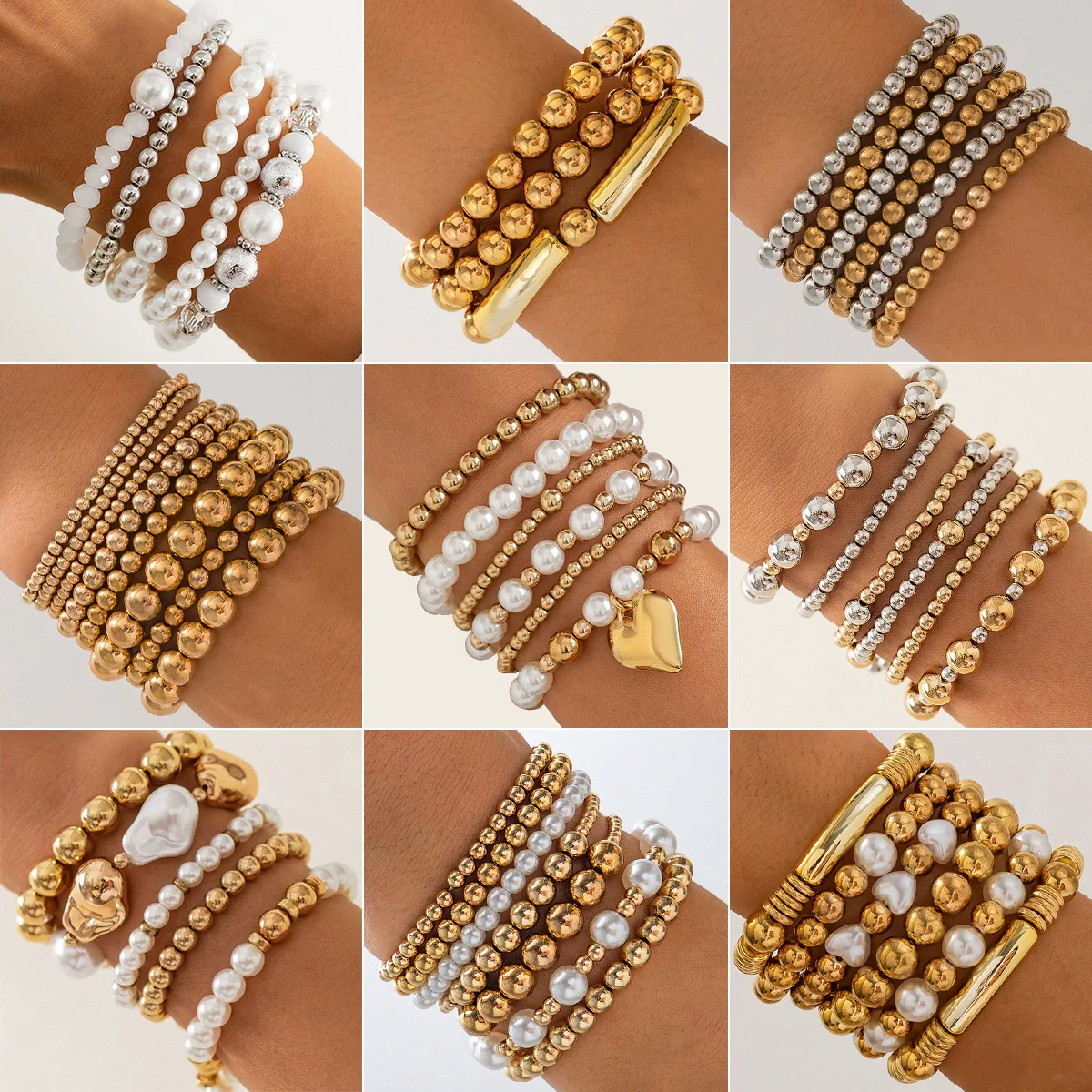 Punk Stacked Love Pendant Beaded Bracelet Imitation Pearl Elastic Bracelet Electroplating Heart Geometric