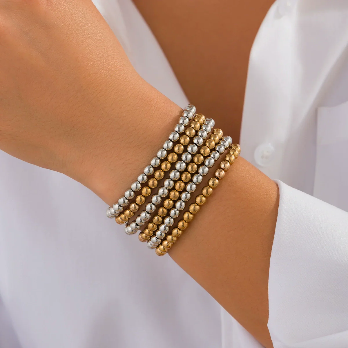 Punk Stacked Love Pendant Beaded Bracelet Imitation Pearl Elastic Bracelet Electroplating Heart Geometric - Image 10