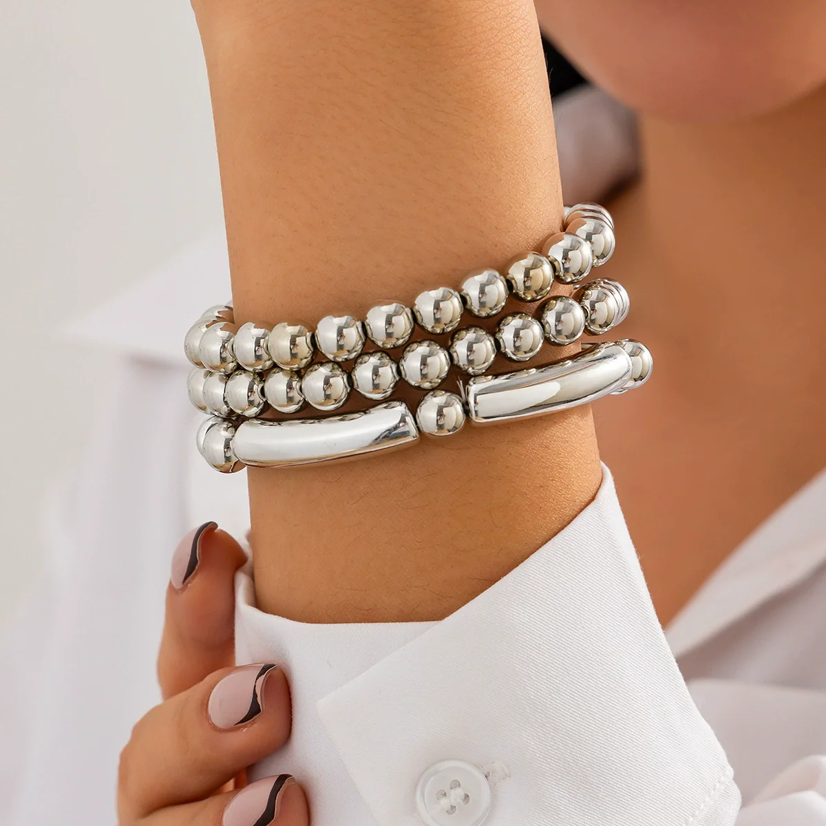 Punk Stacked Love Pendant Beaded Bracelet Imitation Pearl Elastic Bracelet Electroplating Heart Geometric - Image 12