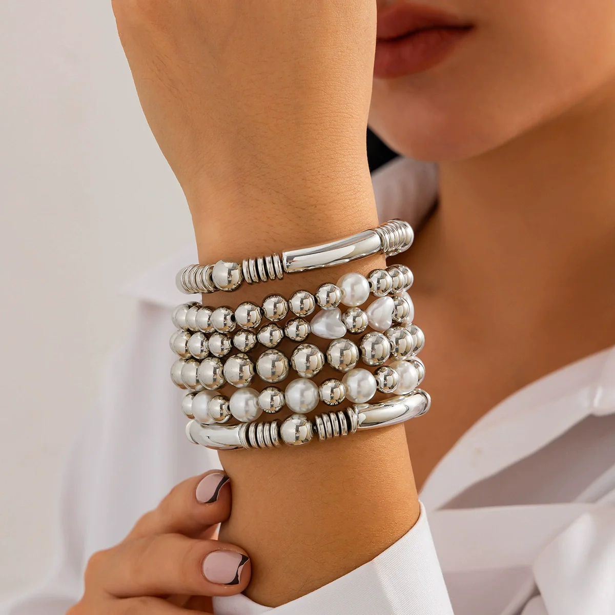 Punk Stacked Love Pendant Beaded Bracelet Imitation Pearl Elastic Bracelet Electroplating Heart Geometric - Image 13