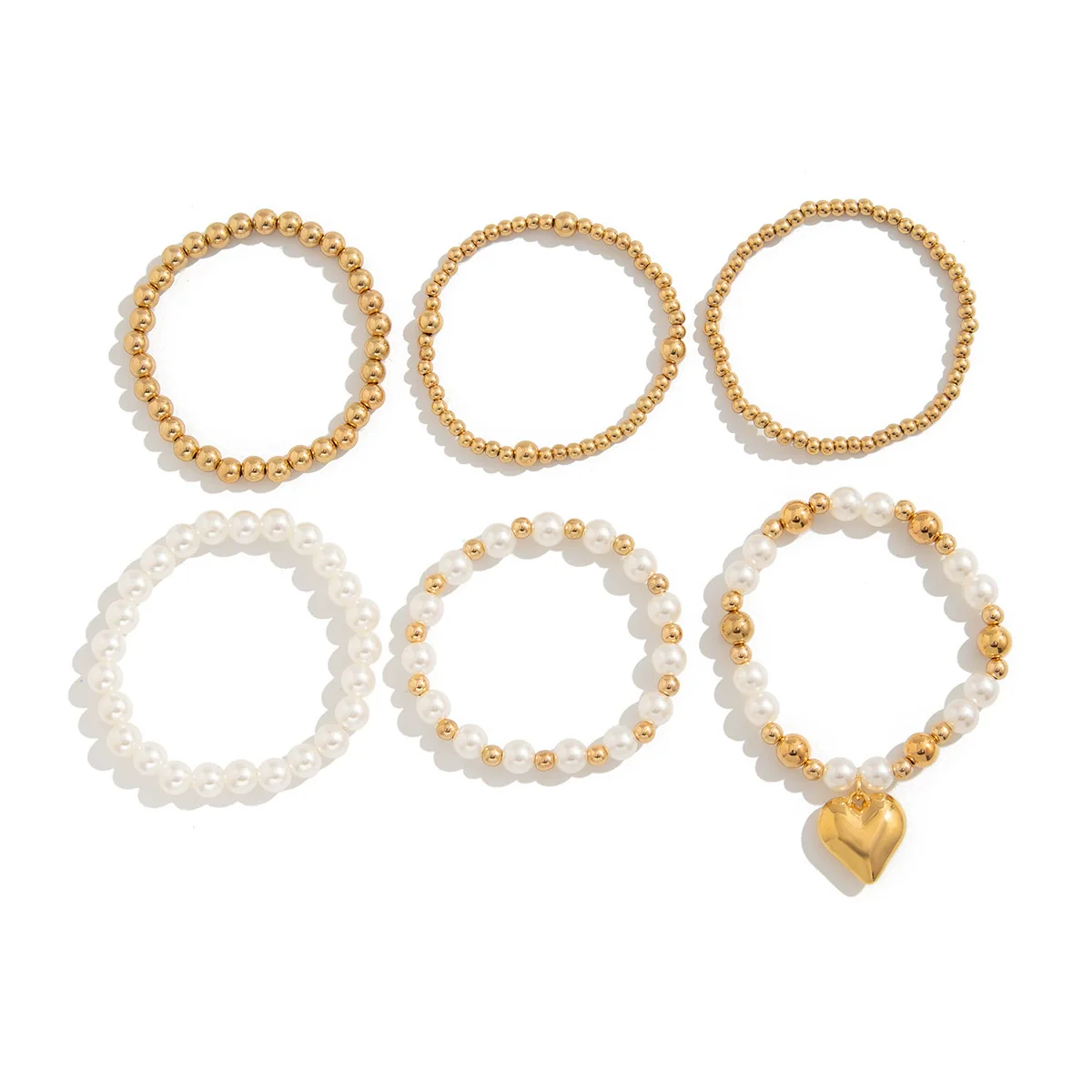 Punk Stacked Love Pendant Beaded Bracelet Imitation Pearl Elastic Bracelet Electroplating Heart Geometric - Image 5