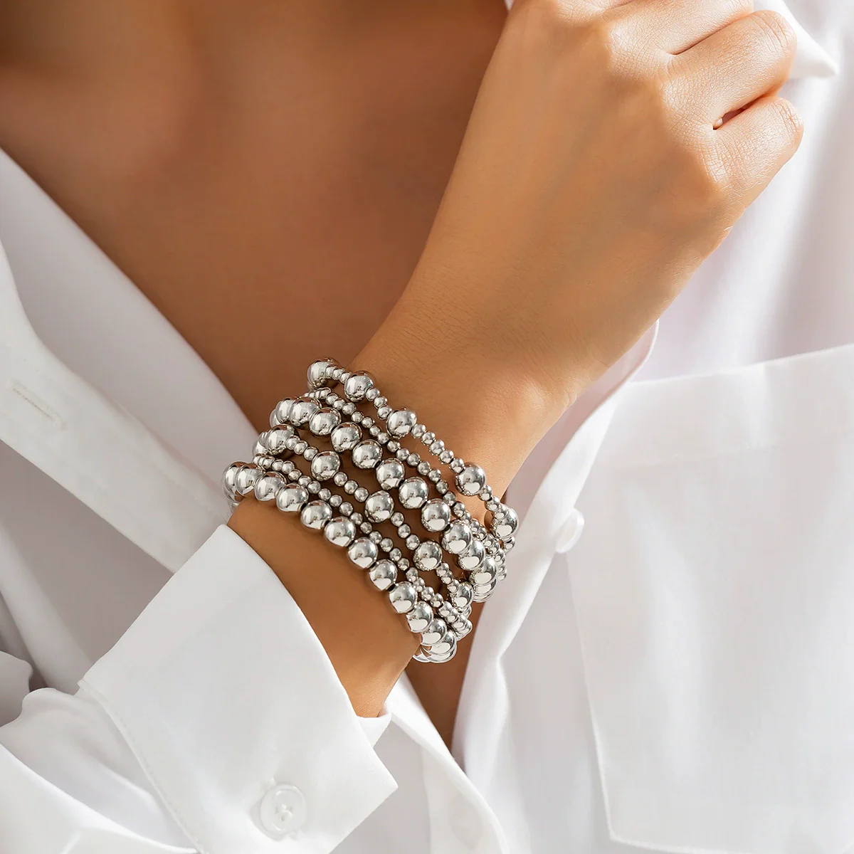 Punk Stacked Love Pendant Beaded Bracelet Imitation Pearl Elastic Bracelet Electroplating Heart Geometric - Image 8