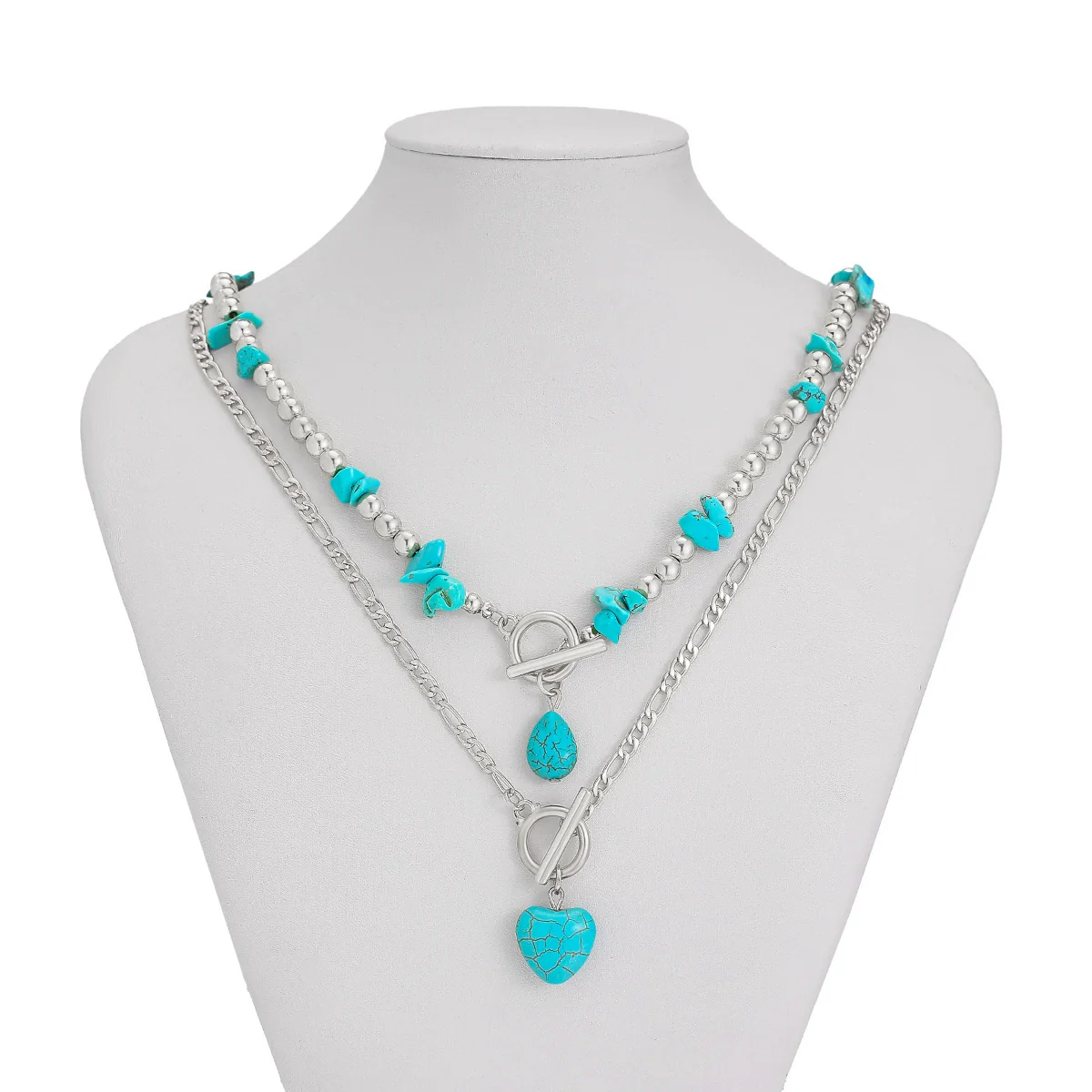 Punk Style Alloy Imitation Turquoise Peach Heart Pendant Necklace With Iron Chain And Animal Zodiac Pattern Electroplated - Image 5