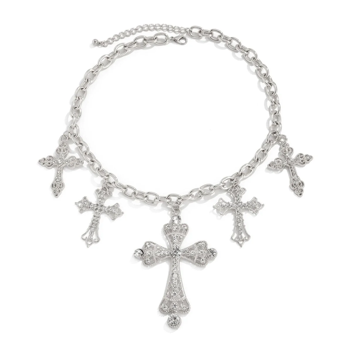 Punk Style Geometric Aluminum Chain Alloy Rhinestone Cross Pendant Necklace With Electroplating For Women - Image 5