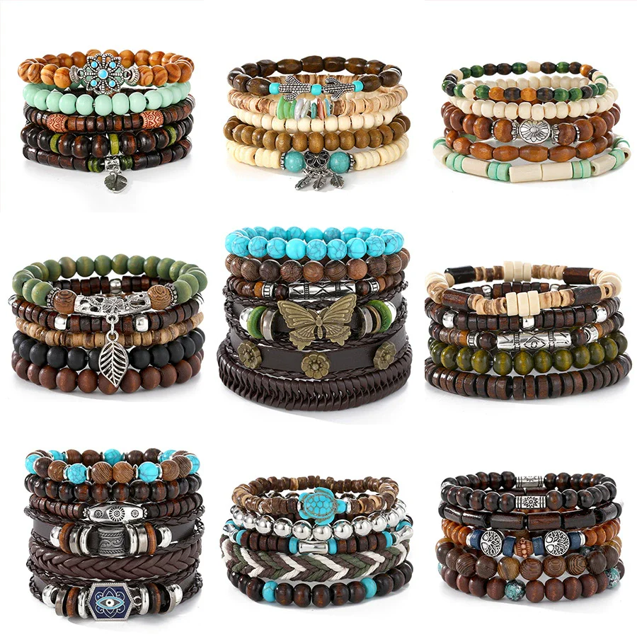 Punk Style Geometric Artificial Leather Handwoven Men's Bracelet Sixpiece Set