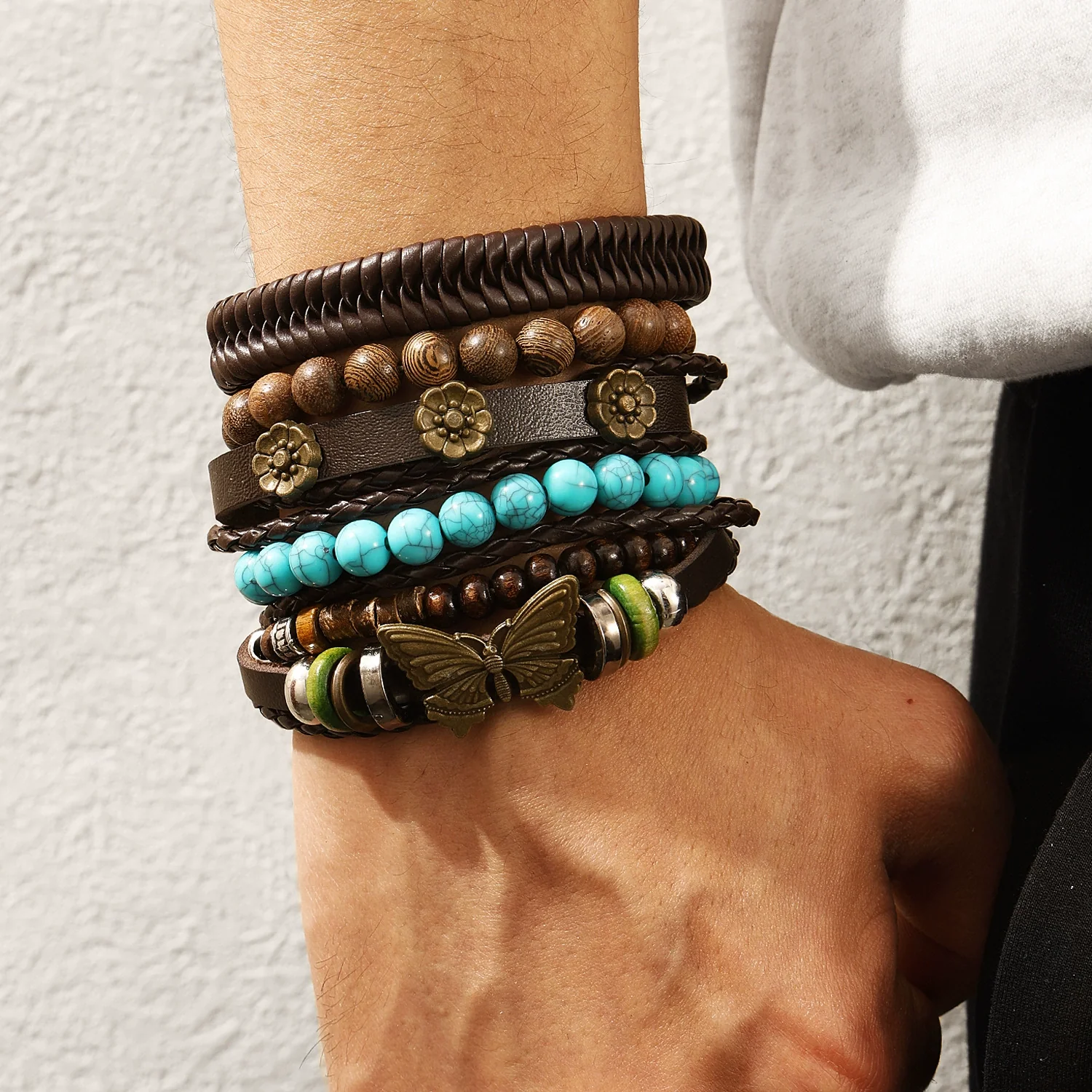 Punk Style Geometric Artificial Leather Handwoven Men's Bracelet Sixpiece Set - Image 2