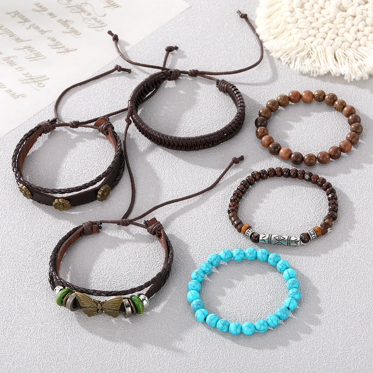 Punk Style Geometric Artificial Leather Handwoven Men's Bracelet Sixpiece Set - Image 3