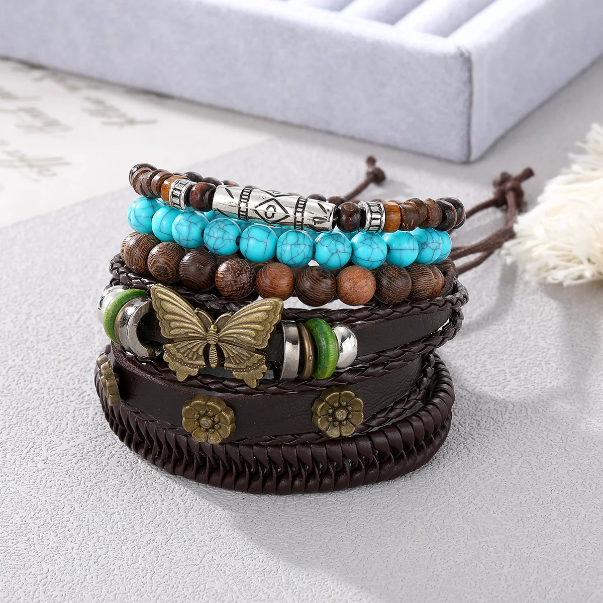 Punk Style Geometric Artificial Leather Handwoven Men's Bracelet Sixpiece Set - Image 4