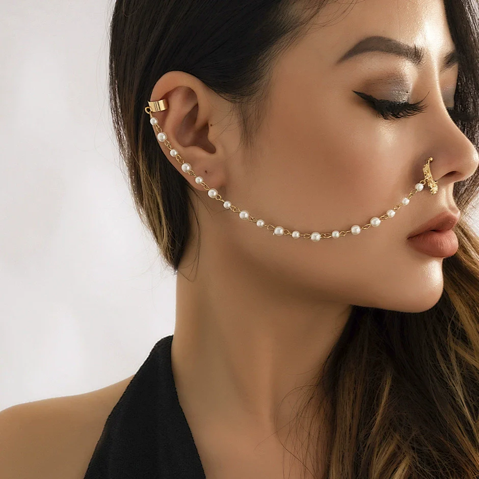 Punk Style Piercing Jewelry Imitation Pearl Butterfly Tassel Chain Earrings And Nose Clips For Women Iron Copper Electroplating Animals Zodiac - Image 5