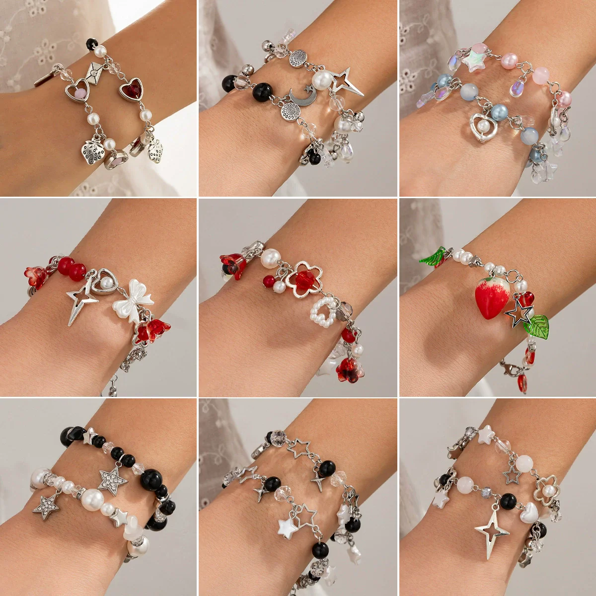Punk Sweet Cool Style Hollow Fivepointed Star And Heart Shape Flower Pendant Bracelet For Women Imitation Pearls Electroplated