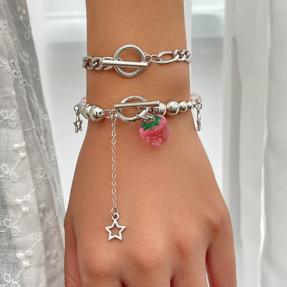 Punk Sweet Cool Style Hollow Fivepointed Star And Heart Shape Flower Pendant Bracelet For Women Imitation Pearls Electroplated - Image 10