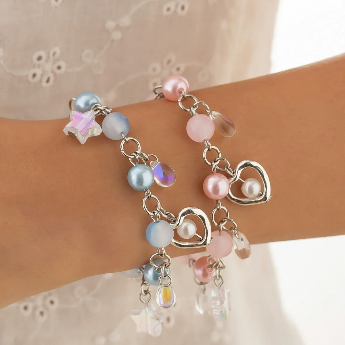 Punk Sweet Cool Style Hollow Fivepointed Star And Heart Shape Flower Pendant Bracelet For Women Imitation Pearls Electroplated - Image 8