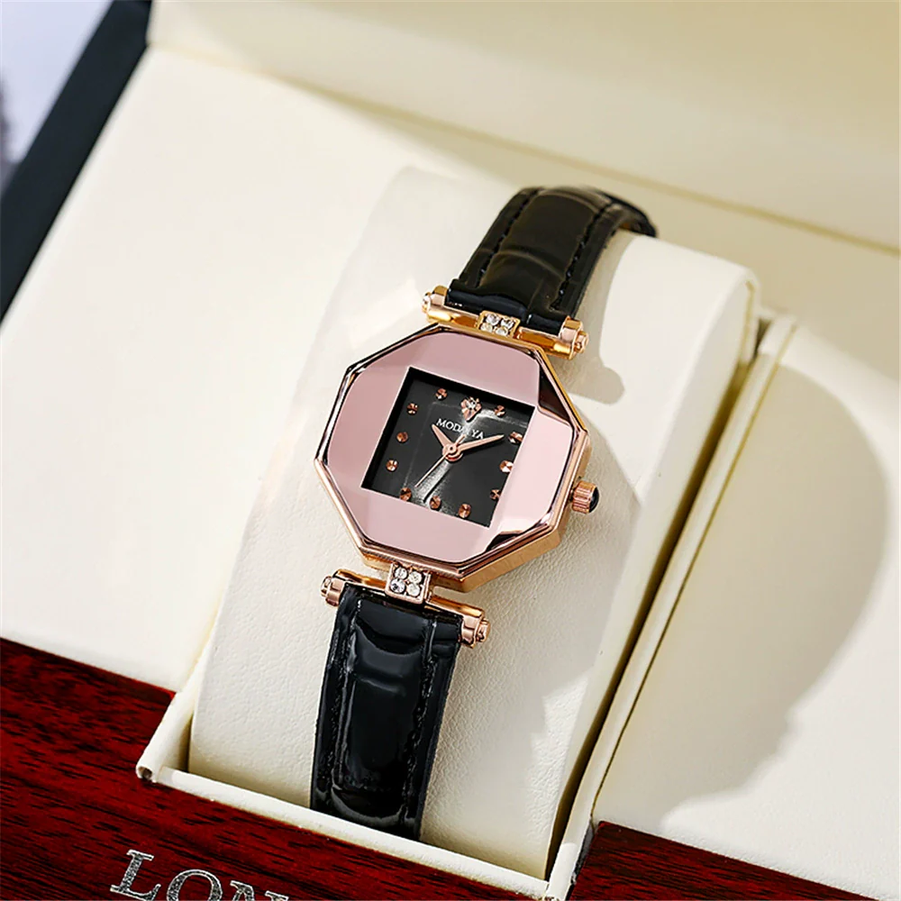 Quartz Watch Alloy Case Imitation Leather Strap Rhombus Round Dial Casual Style For Women - Image 4