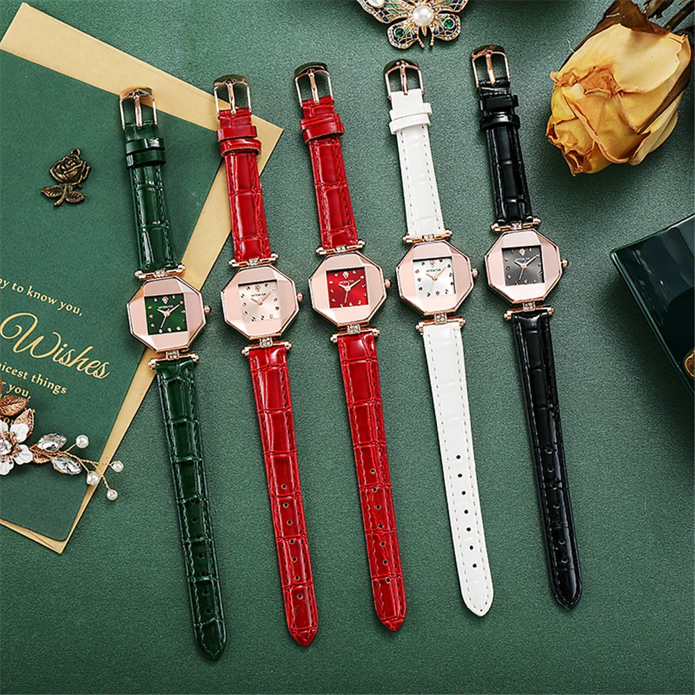 Quartz Watch Alloy Case Imitation Leather Strap Rhombus Round Dial Casual Style For Women - Image 5