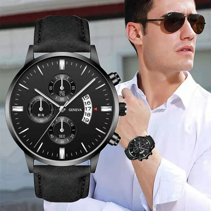 Quartz Watch Alloy Case Imitation Leather Strap Round Dial Men's Fashion Business Watch
