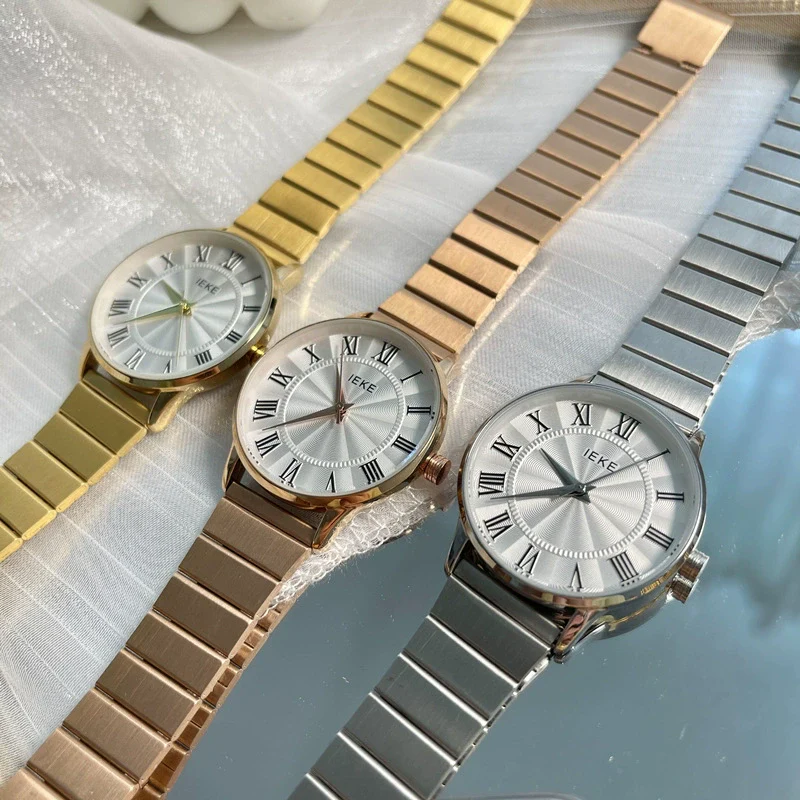 Quartz Watch Retro Style Round Dial Roman Numerals Alloy Case Bamboo Steel Band Women's