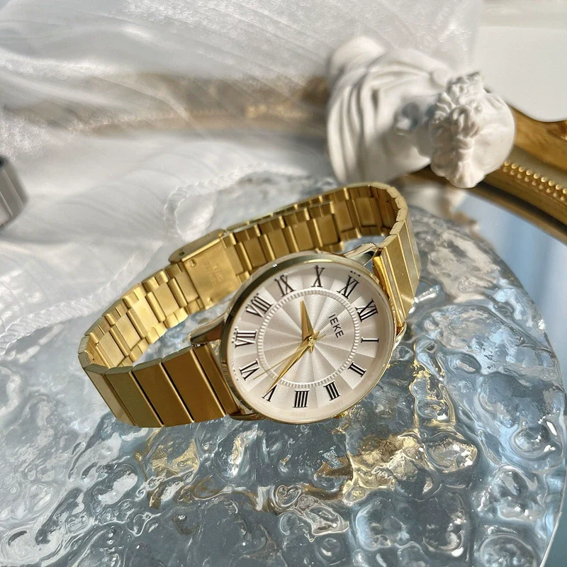 Quartz Watch Retro Style Round Dial Roman Numerals Alloy Case Bamboo Steel Band Women's - Image 2