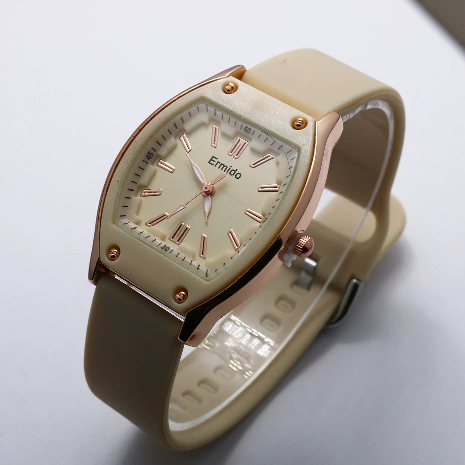 Quartz Watch Silicone Alloy Mineral Reinforced Glass Mirror Stainless Steel Buckle Barrel Shape Female Leisure - Image 3