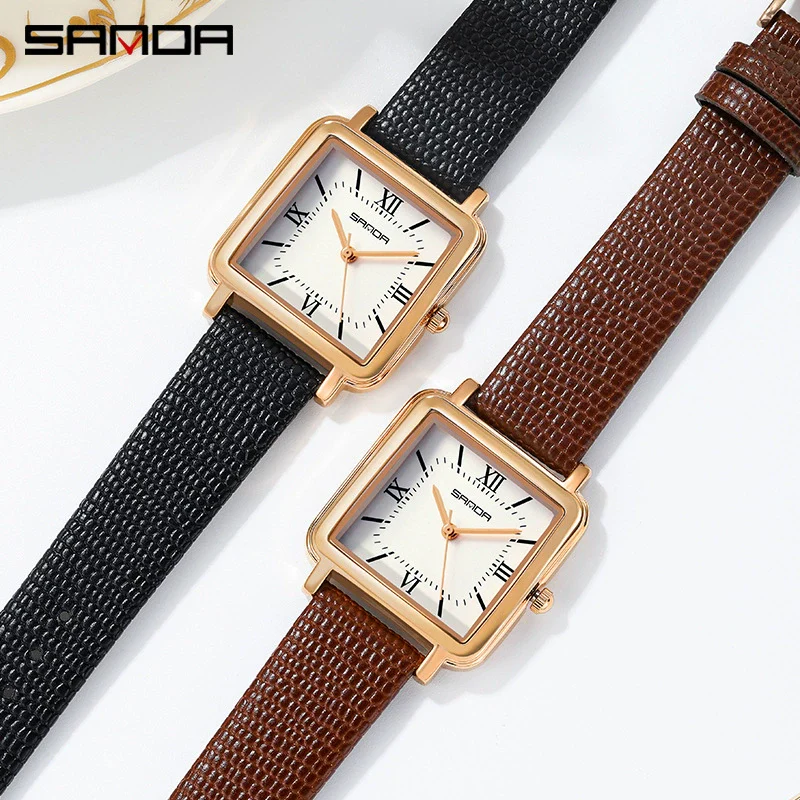 Quartz Watch Square Casual Retro Roman Numeral Leather Mesh Strap Alloy Case Mineral Reinforced Glass Mirror Stainless Steel Buckle - Image 2