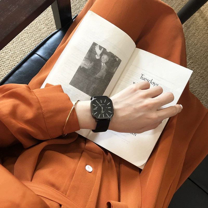 Quartz Watch Square Plastic Case Imitation Leather Strap Stainless Steel Clasp Leisure Style For Men And Women - Image 6