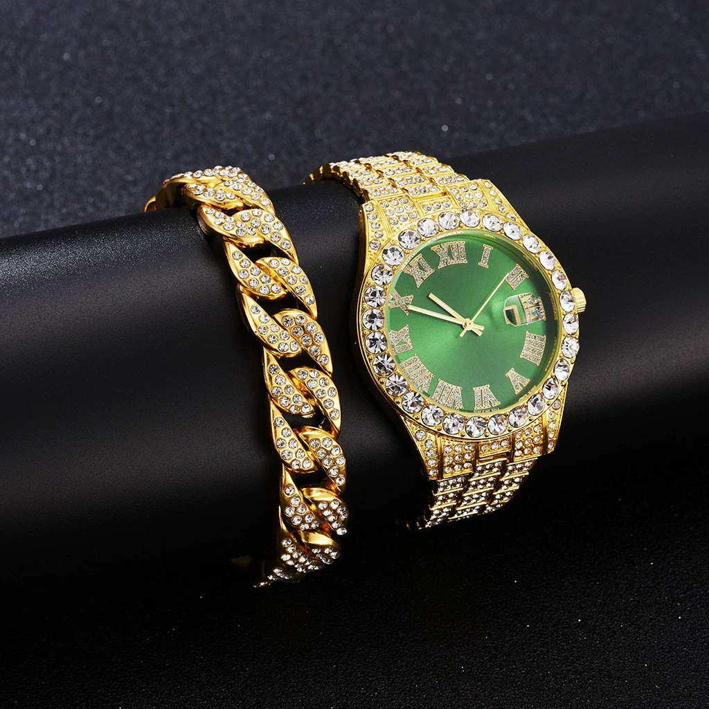 Quartz Watch With Steel Belt Full Diamond Sparkling Round Dial Metal Case Ordinary Glass Mirror Spiral Crown Universal Gender