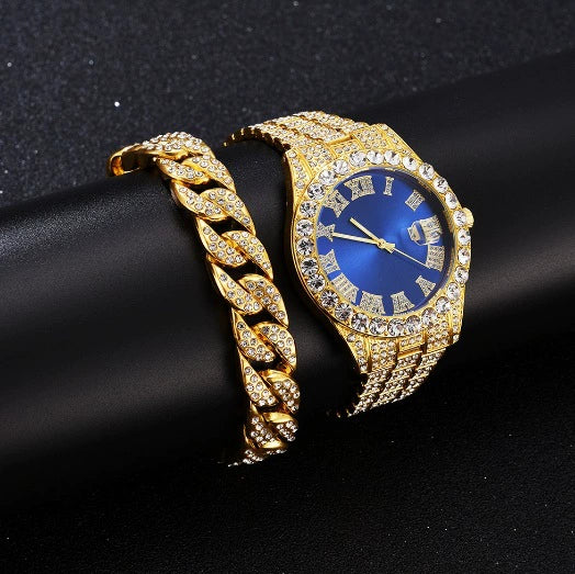Quartz Watch With Steel Belt Full Diamond Sparkling Round Dial Metal Case Ordinary Glass Mirror Spiral Crown Universal Gender - Image 9