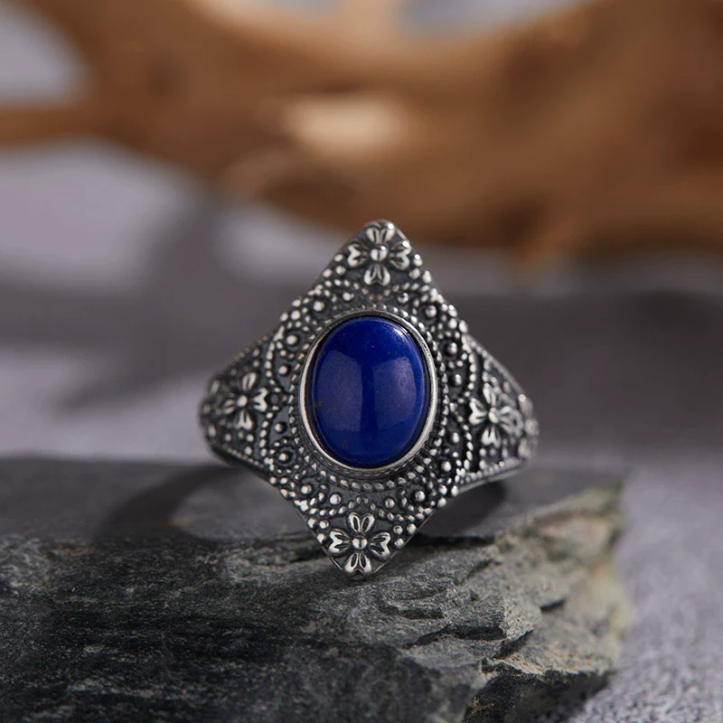 Retro 225 Sterling Silver Ring Inlaid With Natural Malachite Lapis Lazuli Chrysoprase Set With Precious Stones With Animals Zodiac Pattern For Women - Image 3