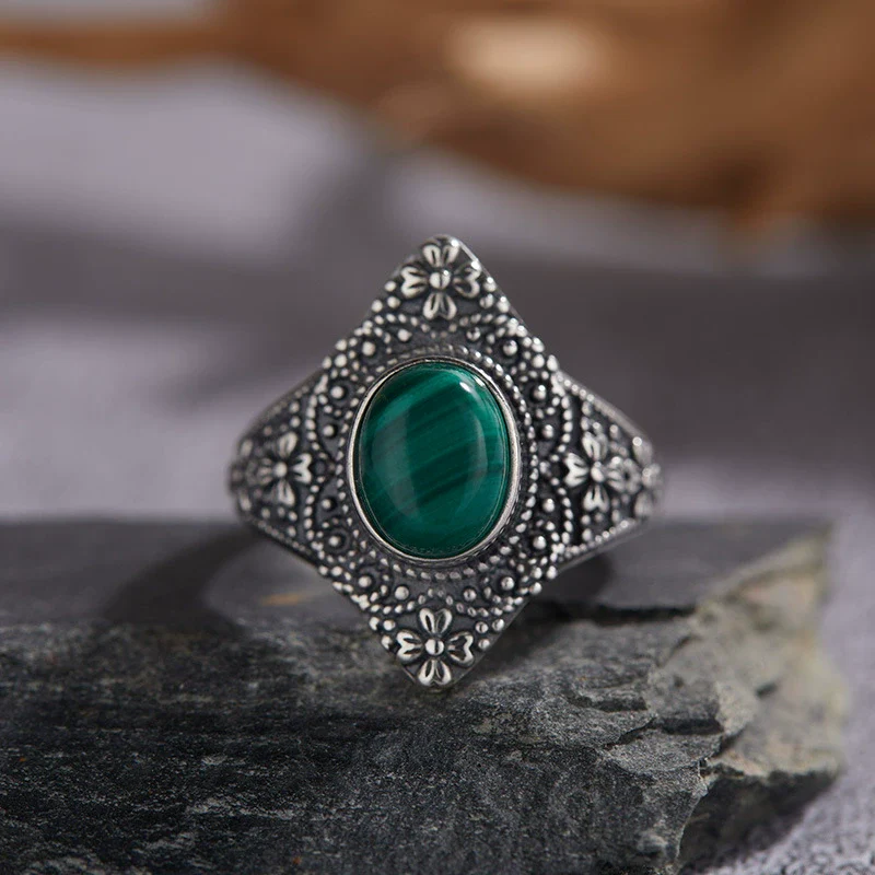 Retro 225 Sterling Silver Ring Inlaid With Natural Malachite Lapis Lazuli Chrysoprase Set With Precious Stones With Animals Zodiac Pattern For Women - Image 6