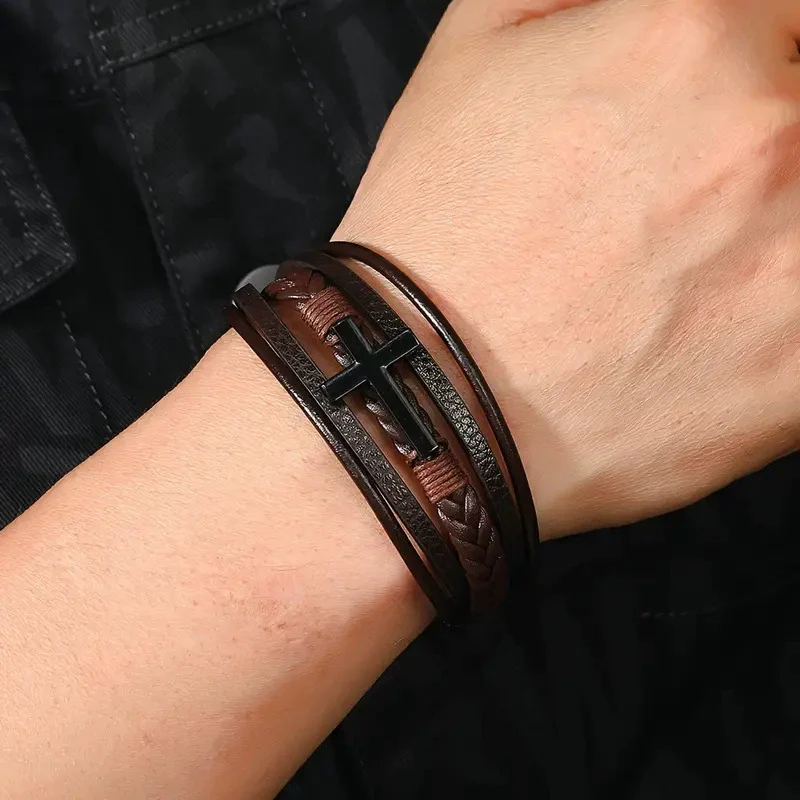 Retro Black Cross Multilayer Handwoven Leather Men's Bracelet - Image 2