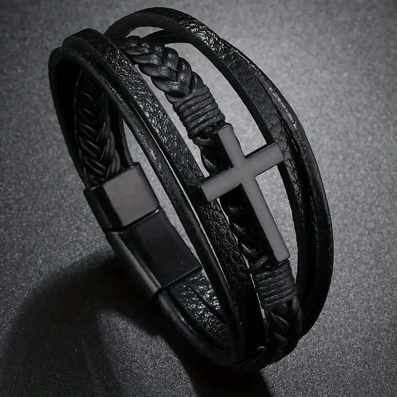 Retro Black Cross Multilayer Handwoven Leather Men's Bracelet - Image 3