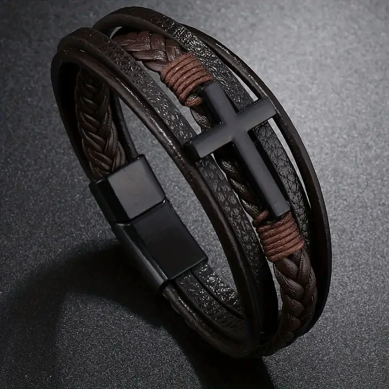 Retro Black Cross Multilayer Handwoven Leather Men's Bracelet - Image 4
