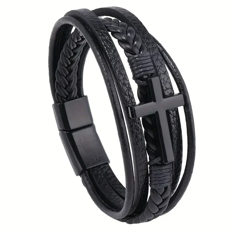 Retro Black Cross Multilayer Handwoven Leather Men's Bracelet - Image 6
