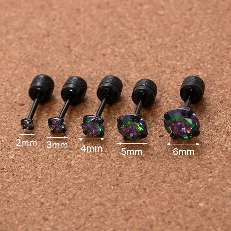 Retro Black Stainless Steel Inlaid Colorful Dream Zircon Geometric Electroplated Women's Ear Bone Nail Cartilage Puncture Earrings - Image 5