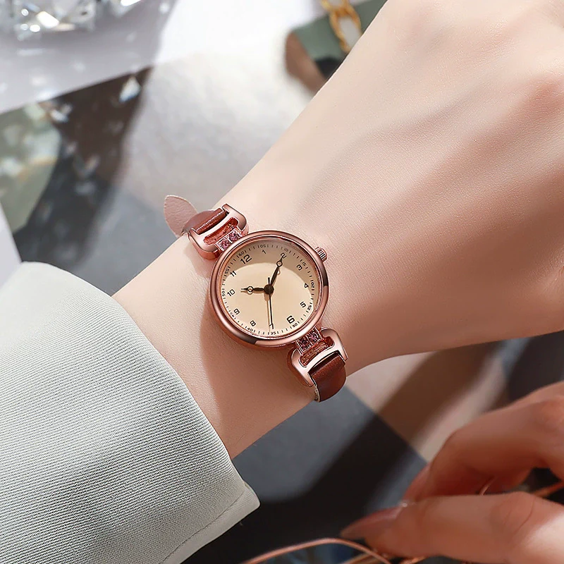 Retro British Style Women's Exam Watch Alloy Case Imitation Leather Strap Stainless Steel Buckle Round Dial