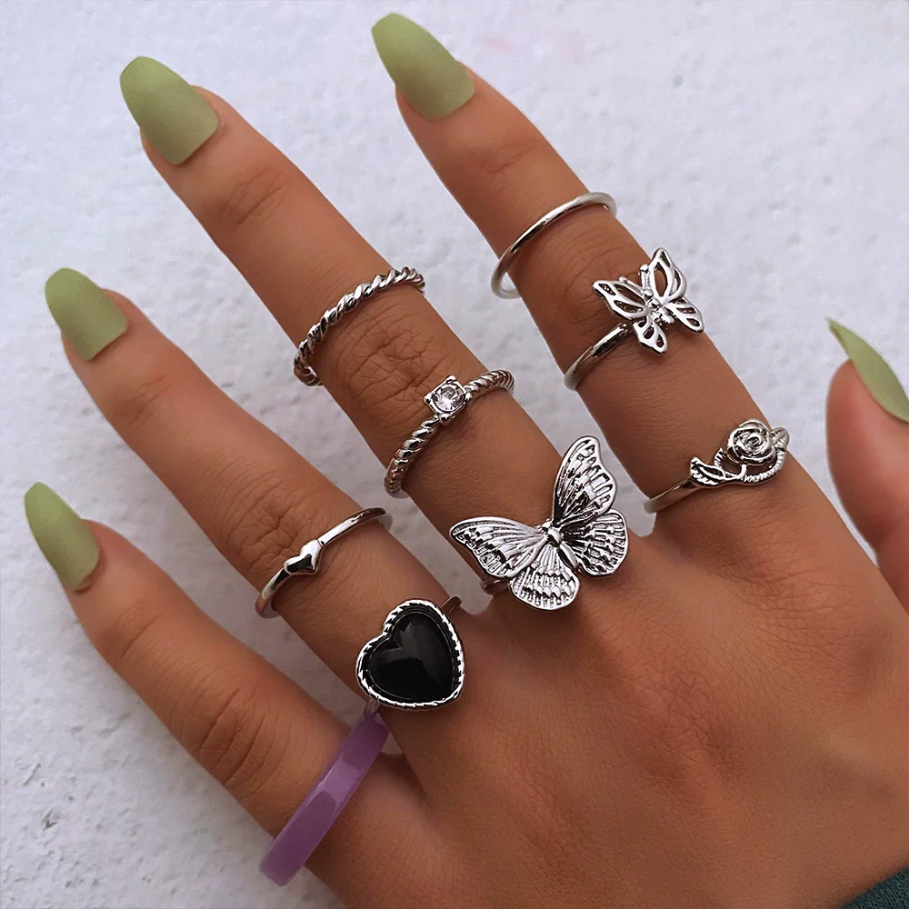 Retro Butterfly Ring Set Alloy Heart Shaped Electroplated Unisex