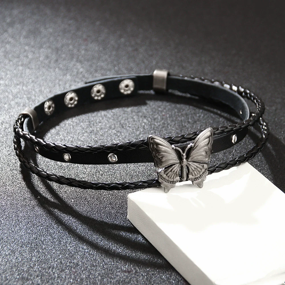 Retro Butterfly Women Choker Necklace With Rivet Metal And Pu Soft Leather Geometric Style - Image 4