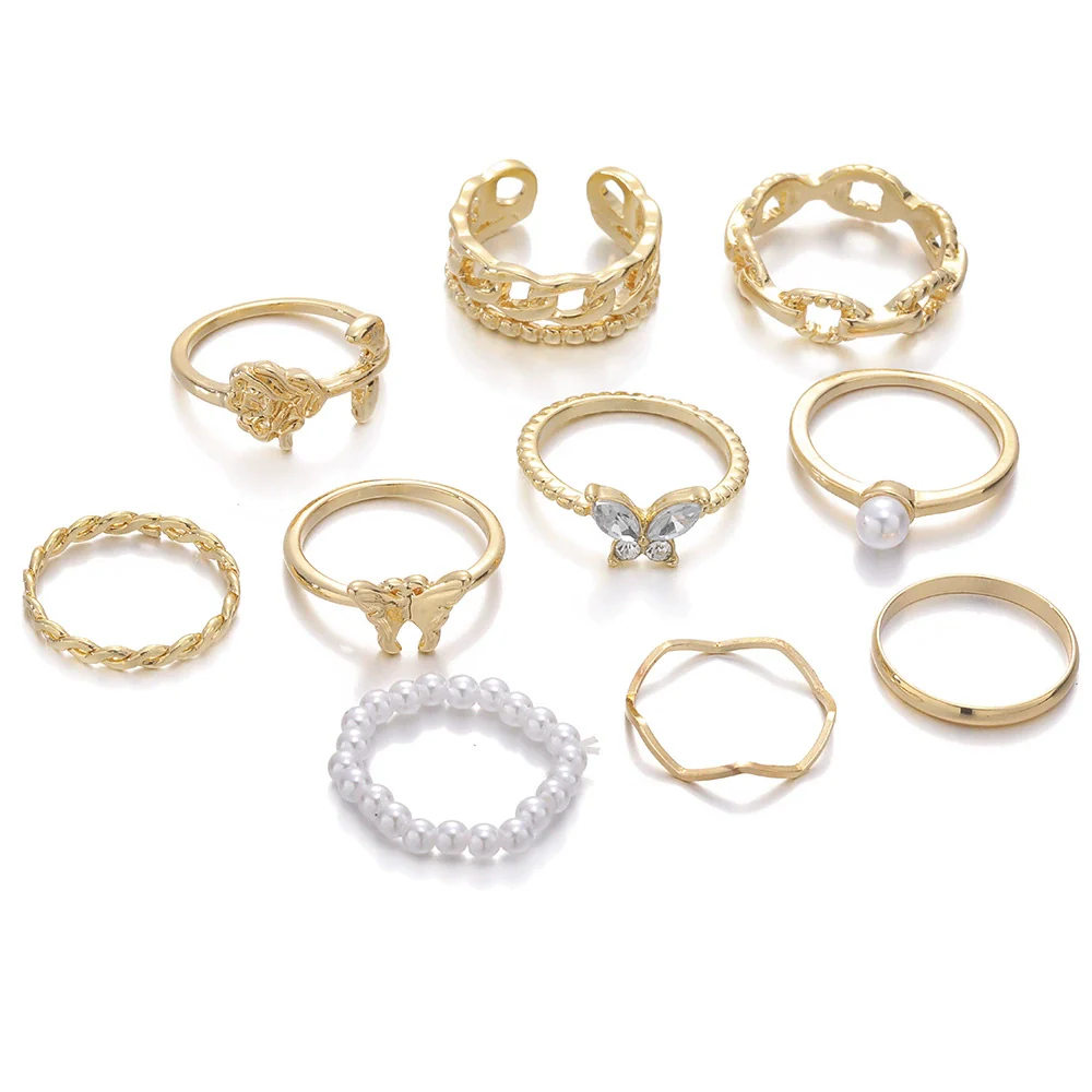 Retro European Style Alloy Ring With Gold Diamond Butterfly Pearl Hollow Geometric Design And Electroplating Treatment - Image 5