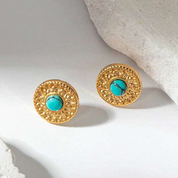 Retro Geometric Embossed Turquoise Inlay Stainless Steel Earrings For Women With Electroplating Design