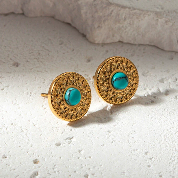 Retro Geometric Embossed Turquoise Inlay Stainless Steel Earrings For Women With Electroplating Design - Image 2