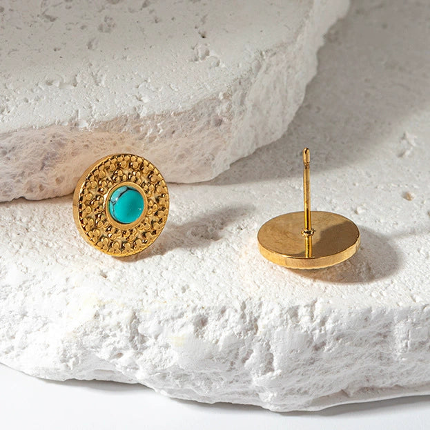 Retro Geometric Embossed Turquoise Inlay Stainless Steel Earrings For Women With Electroplating Design - Image 4