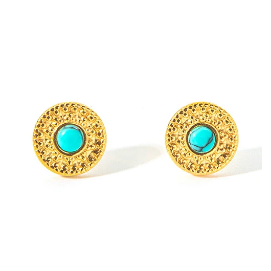 Retro Geometric Embossed Turquoise Inlay Stainless Steel Earrings For Women With Electroplating Design - Image 5
