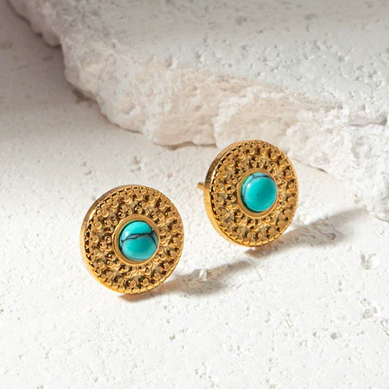 Retro Geometric Embossed Turquoise Inlay Stainless Steel Earrings For Women With Electroplating Design - Image 6
