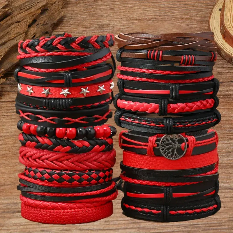 Retro Geometric Fivepointed Star Life Tree Multilayer Zinc Alloy Leather Handwoven Unisex Bracelet