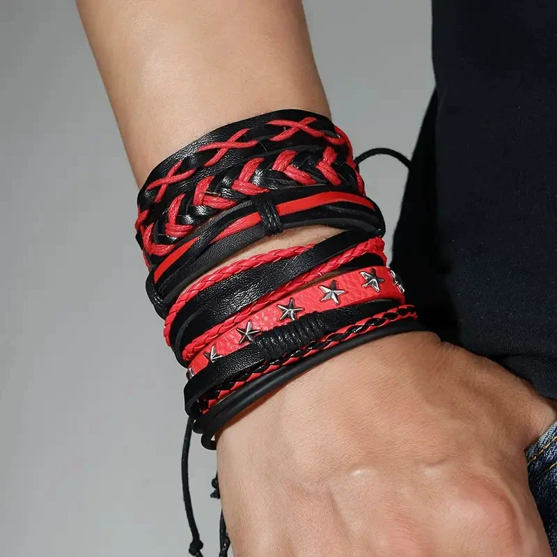 Retro Geometric Fivepointed Star Life Tree Multilayer Zinc Alloy Leather Handwoven Unisex Bracelet - Image 4