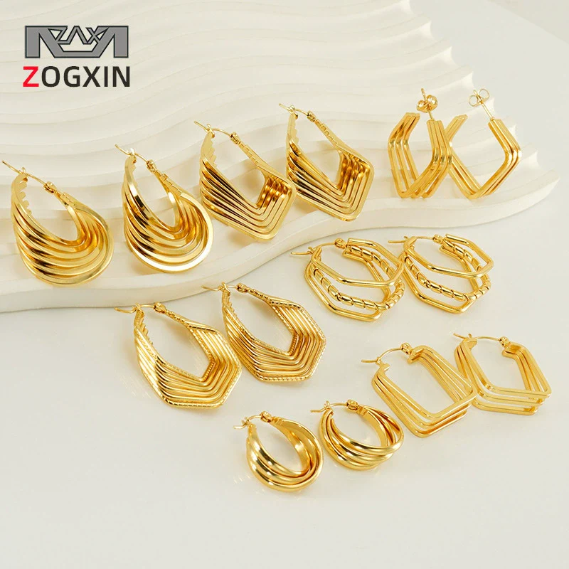 Retro Geometric Irregular 316L Stainless Steel And Titanium Steel Earrings With Electroplating And 18K Gold Plated Rhombus Pattern