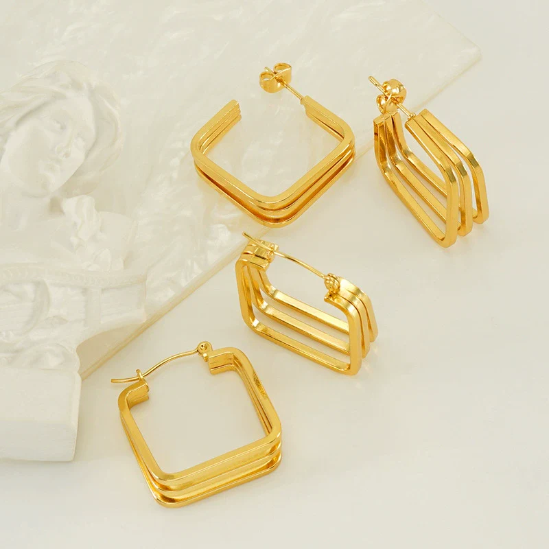Retro Geometric Irregular 316L Stainless Steel And Titanium Steel Earrings With Electroplating And 18K Gold Plated Rhombus Pattern - Image 2