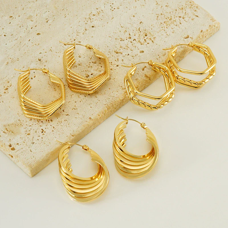Retro Geometric Irregular 316L Stainless Steel And Titanium Steel Earrings With Electroplating And 18K Gold Plated Rhombus Pattern - Image 3