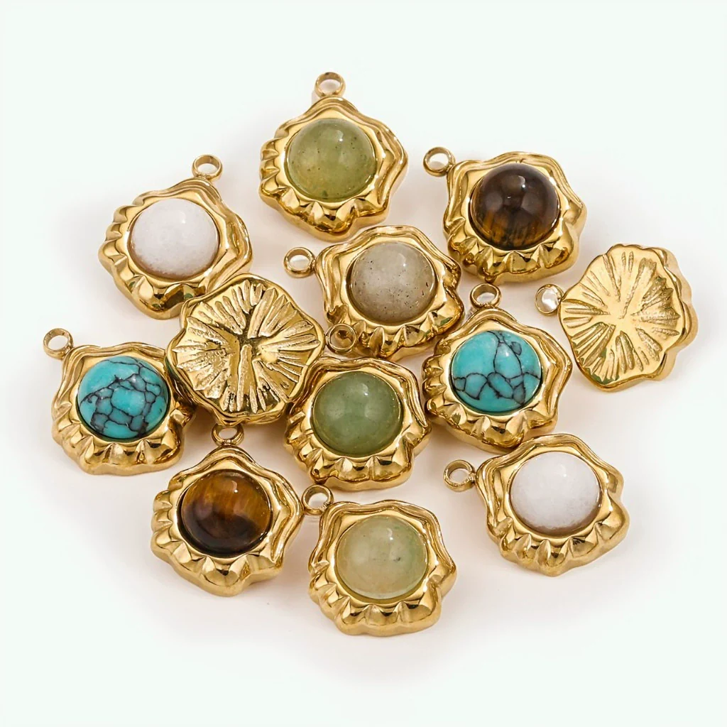 Retro Geometric Jewelry Accessories Titanium Steel And Stainless Steel With Natural Stone Flower Shape Electroplated 18K Gold - Image 2