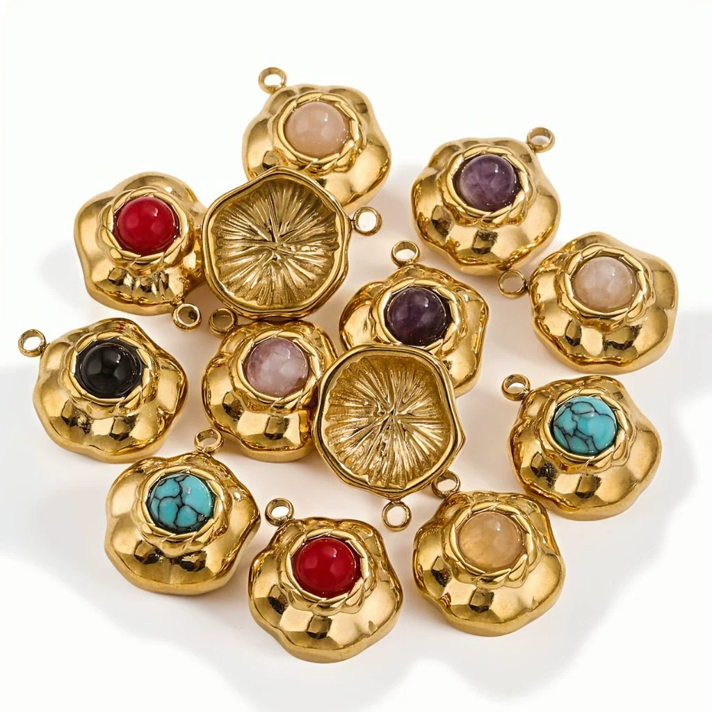 Retro Geometric Jewelry Accessories Titanium Steel And Stainless Steel With Natural Stone Flower Shape Electroplated 18K Gold - Image 3